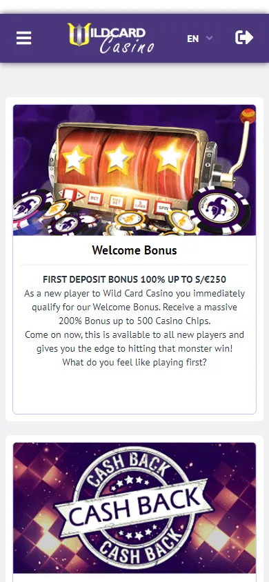 Wildcard Casino mobile browser promotions and offers