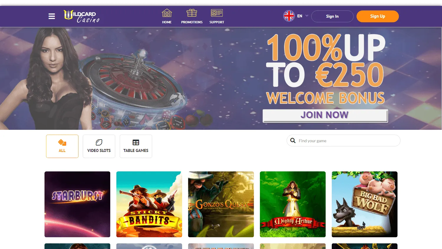 Wildcard Casino desktop home experience for Australian players