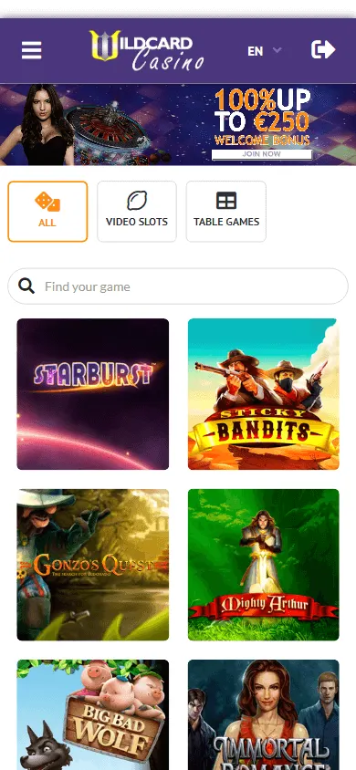 Wildcard Casino mobile browser home experience on iOS or Android