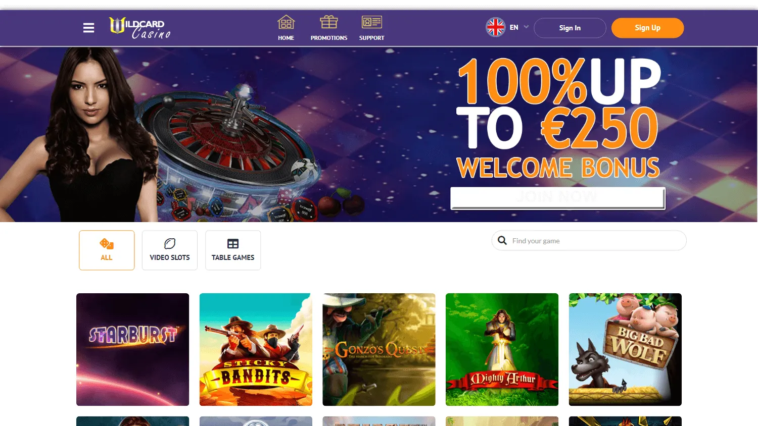 Wildcard Casino desktop game selection with RTG titles